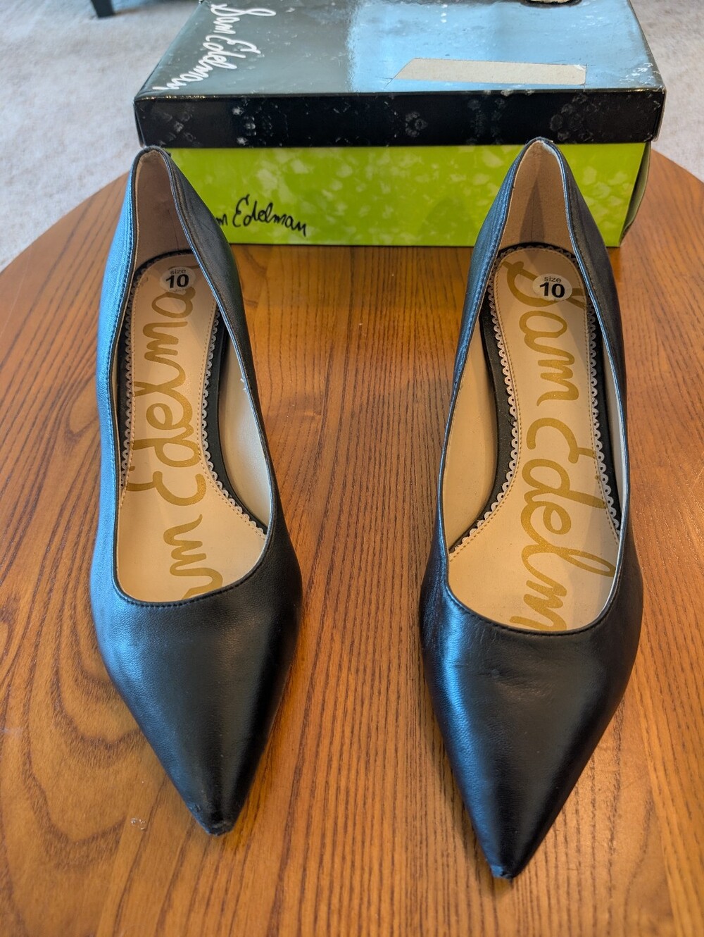 Sam Edelman Black Pointed-Toe Leather Kitten Heels, Size 10